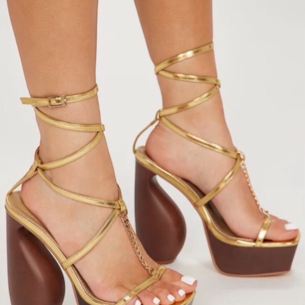 Fashion Nova Metallic Gold and Rich Brown Heels